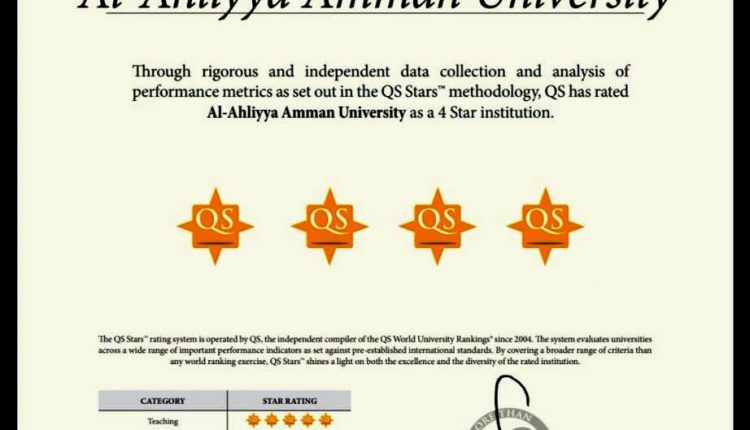جامعة عمان الاهلية تحصد “4 نجوم” بتصنيف QS العالمي وكلية الصيدلة فيها “5 نجوم “