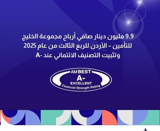 الرئيسية / أردنيات 9.9 مليون دينار صافي أرباح مجموعة الخليج للتأمين – الأردن للربع الثالث من عام 2025 وتثبيت التصنيف الائتماني عند -A