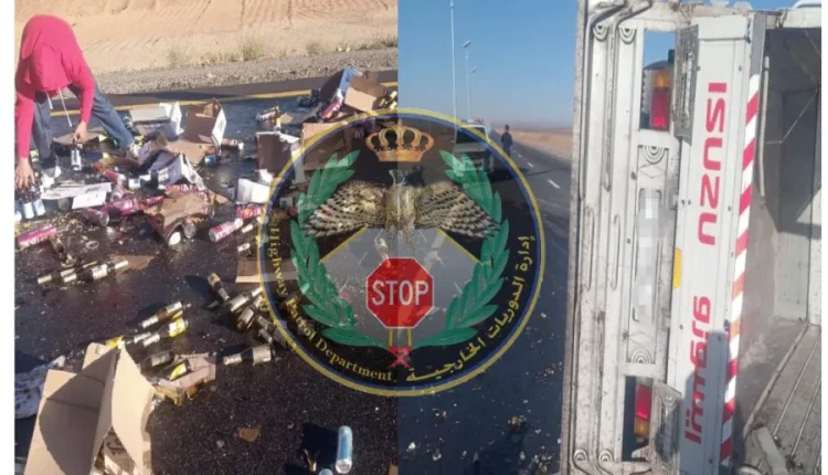 تدهور مركبة محمّلة بالمواد الغذائية يعيق السير بعد جسر الموقر دون إصابات