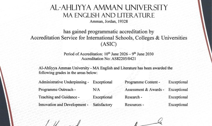 الإعتماد الدولي ASIC لماجستير اللغة الإنجليزية وآدابها في عمان الأهلية